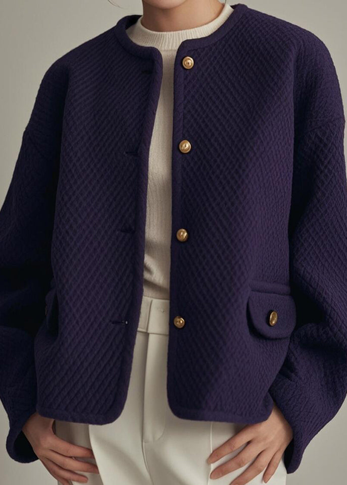 Simple Purple O Neck Button Cotton Coat Winter