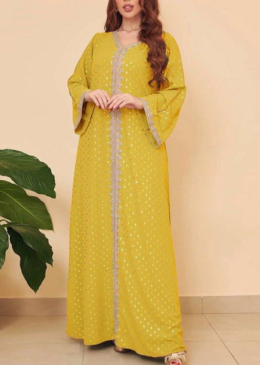 Simple Yellow Dot Lace Patchwork Silk Dress Long Sleeve