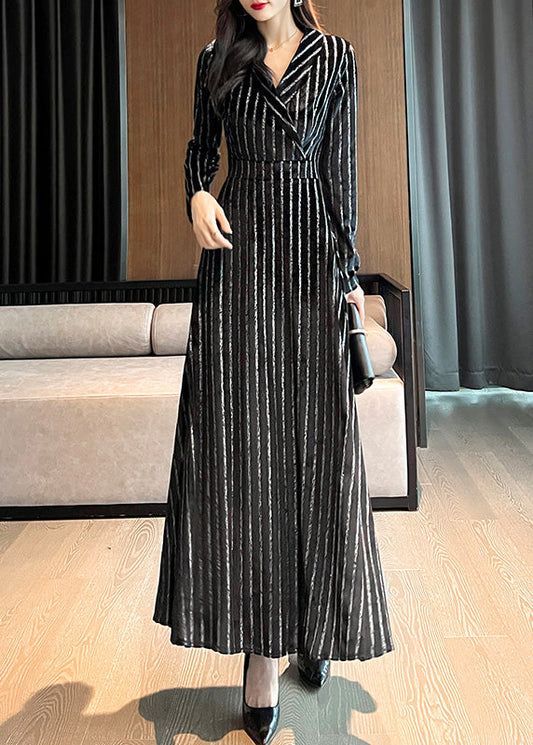 Slim Fit Black Notched Striped Maxi Dresses Long Sleeve