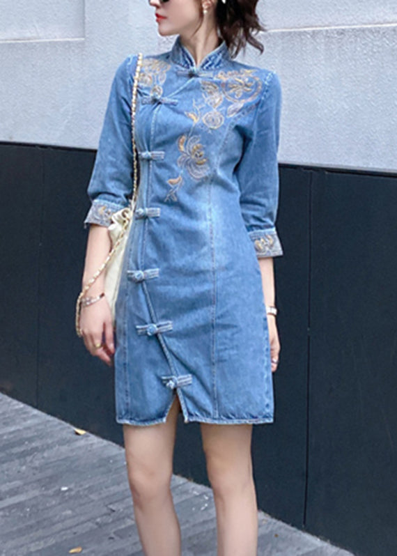 Slim Fit Blue Embroidered Floral Button Denim Mid Dresses Bracelet Sleeve