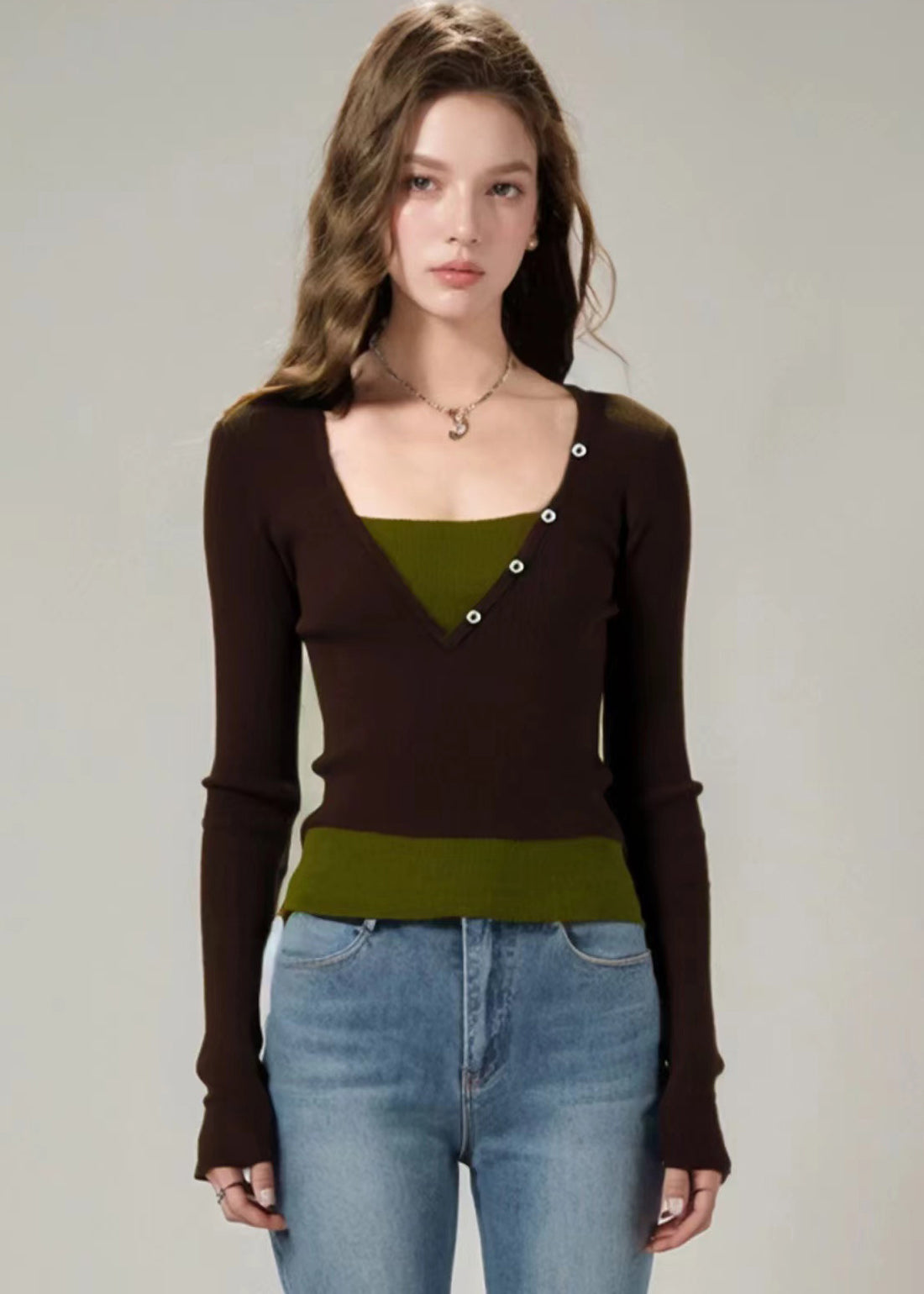 Slim Fit Brown False Two Pieces Patchwork Knit Top Fall