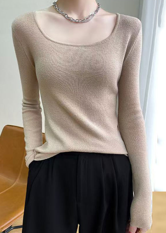 Slim Fit Light Camel O Neck Solid Wool Knit Top Fall