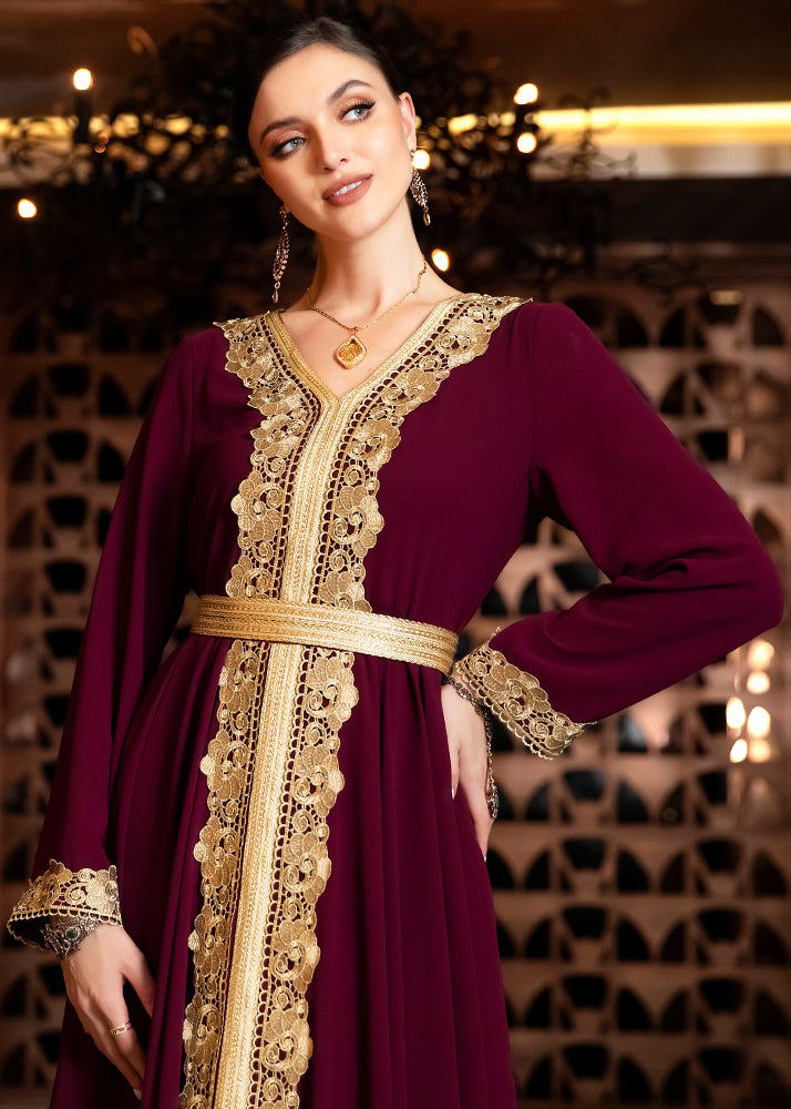 Slim Fit Maroon Asymmetrical Design Lace Patchwork Chiffon Maxi Dresses Long Sleeve