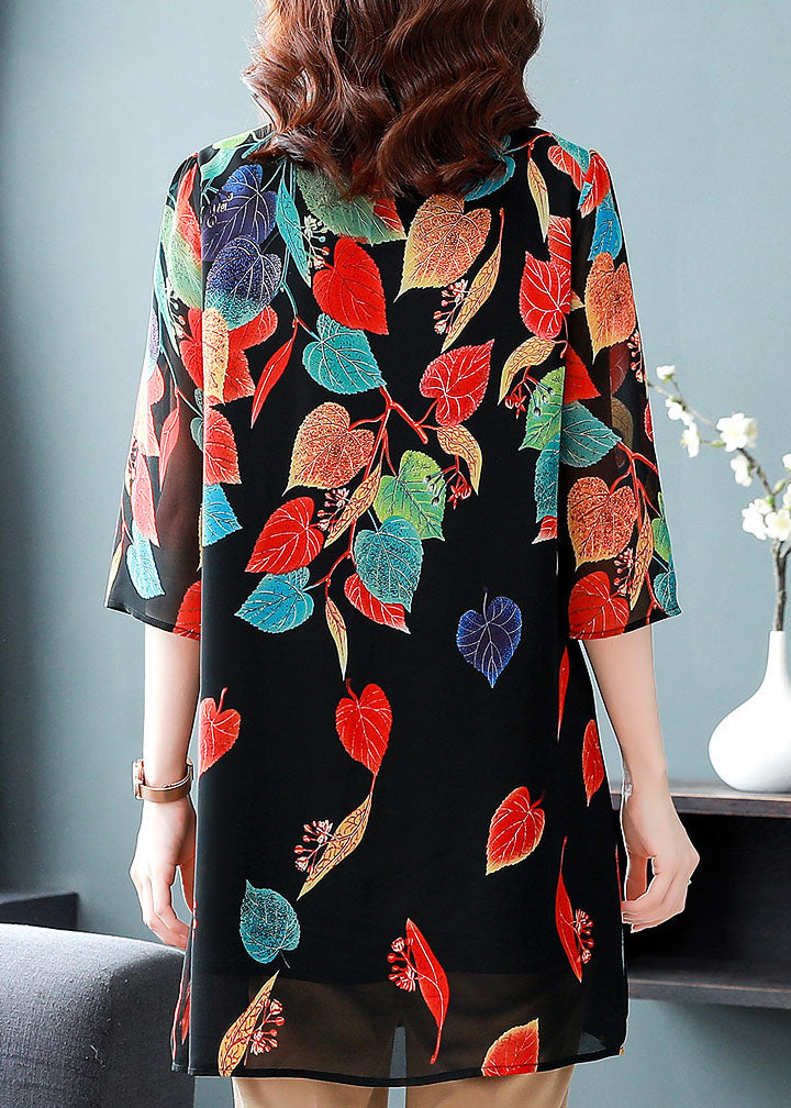 Style Black Button Print Patchwork Chiffon Shirt Tops Summer