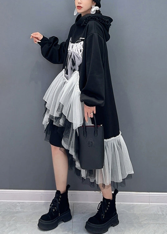 Style Black Hooded Wrinkled Asymmetrical Tulle Patchwork Cotton Dresses Fall