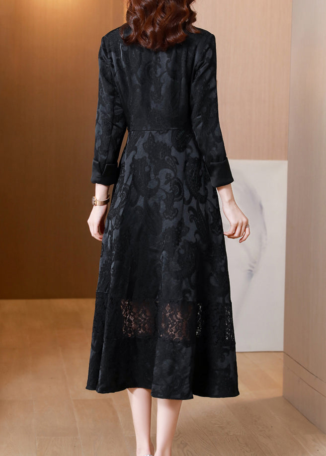 Style Black Jacquard Pockets Hollow Out Patchwork Cotton Coat Fall