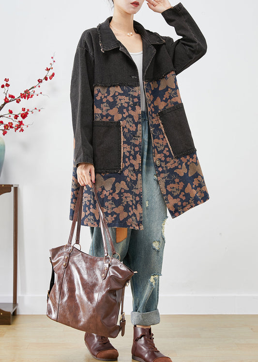 Style Black Oversized Patchwork Pockets Print Denim Trench Fall