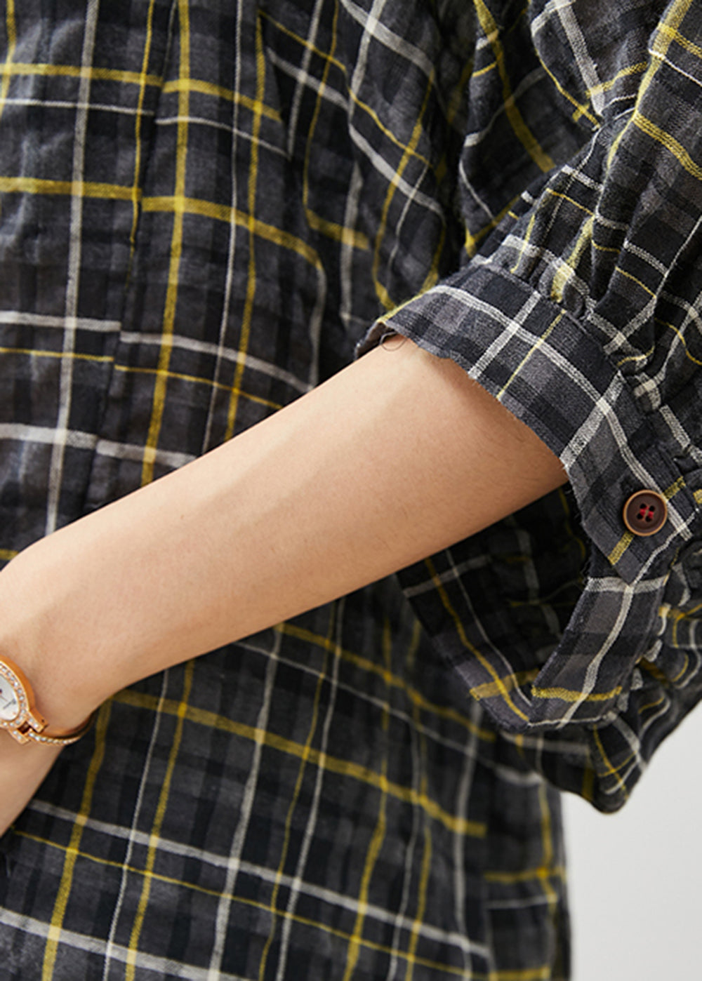 Style Black Oversized Plaid Linen Shirt Tops Bracelet Sleeve