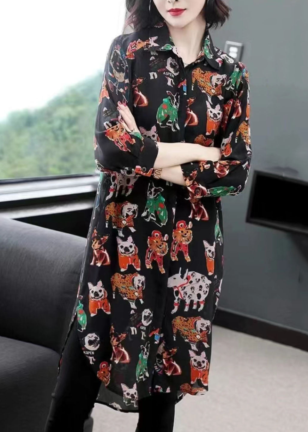 Style Black Peter Pan Collar Animal Print Patchwork Chiffon Shirts Summer