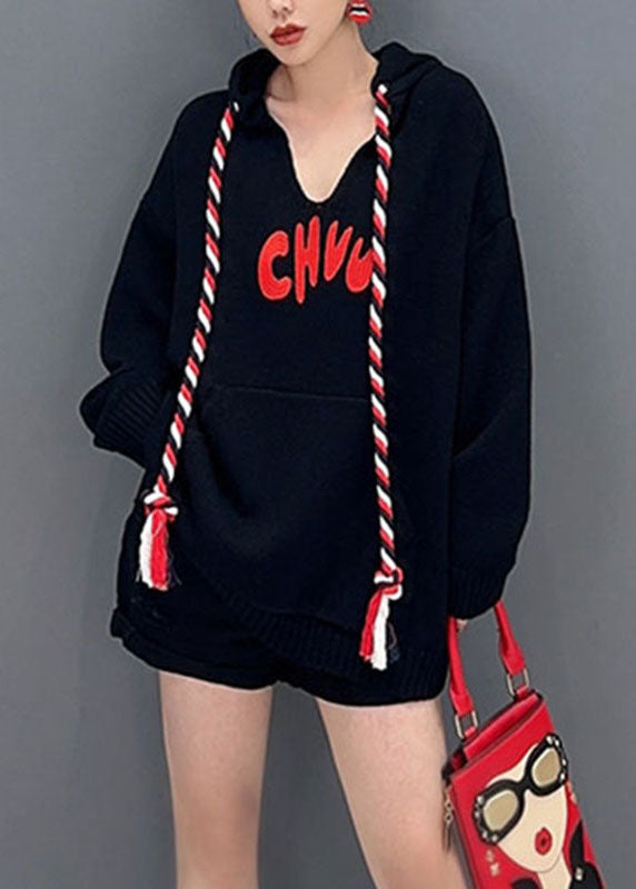 Style Black V Neck Graphic Print Drawstring Sweatshirts Long Sleeve