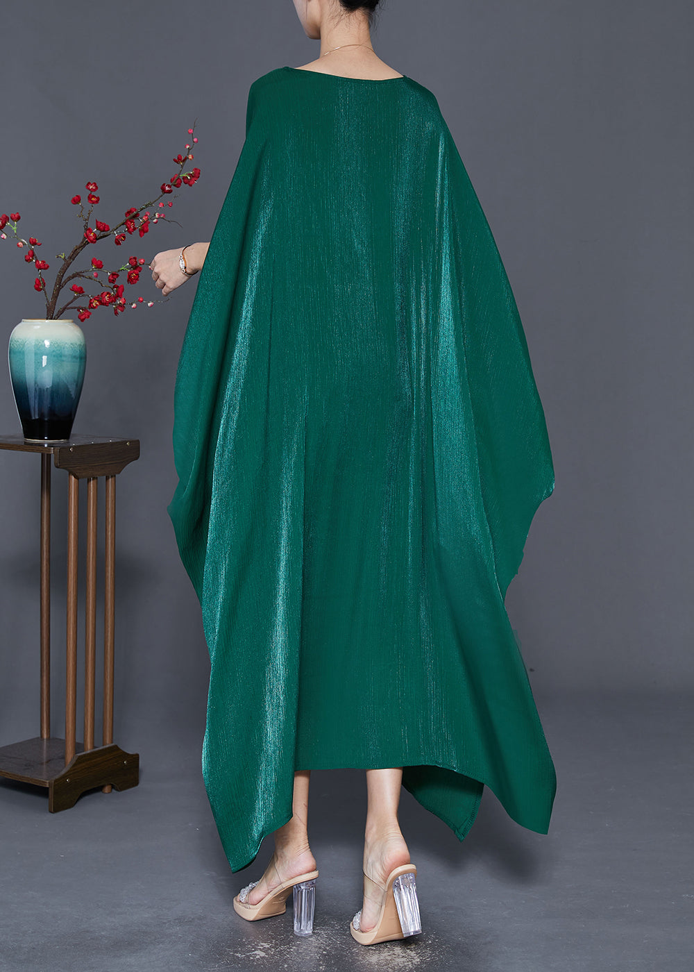 Style Blackish Green Embroidered Patchwork Silk Long Dresses Batwing Sleeve