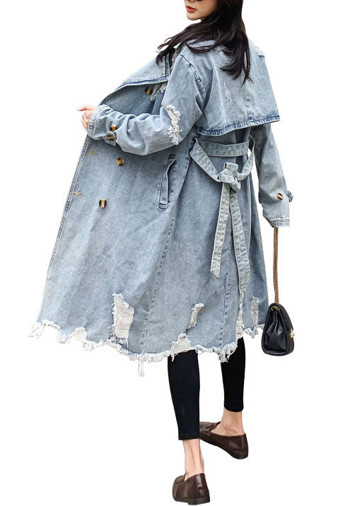 Style Blue Peter Pan Collar Pockets Tie Waist Patchwork Denim Coat Fall