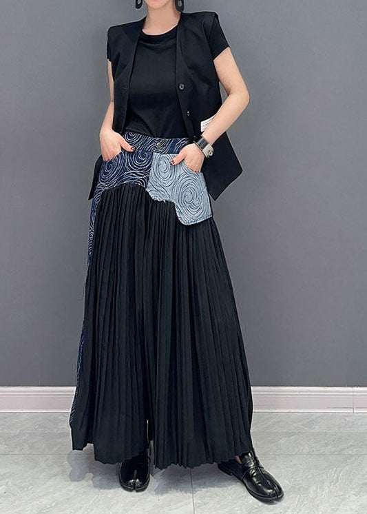 Style Blue Wrinkled Denim Patchwork Cotton Wide Leg Pants Summer