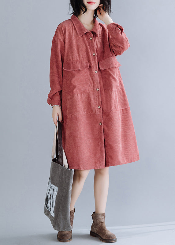 Style Brick Red Oversized Corduroy Vacation Dresses Spring