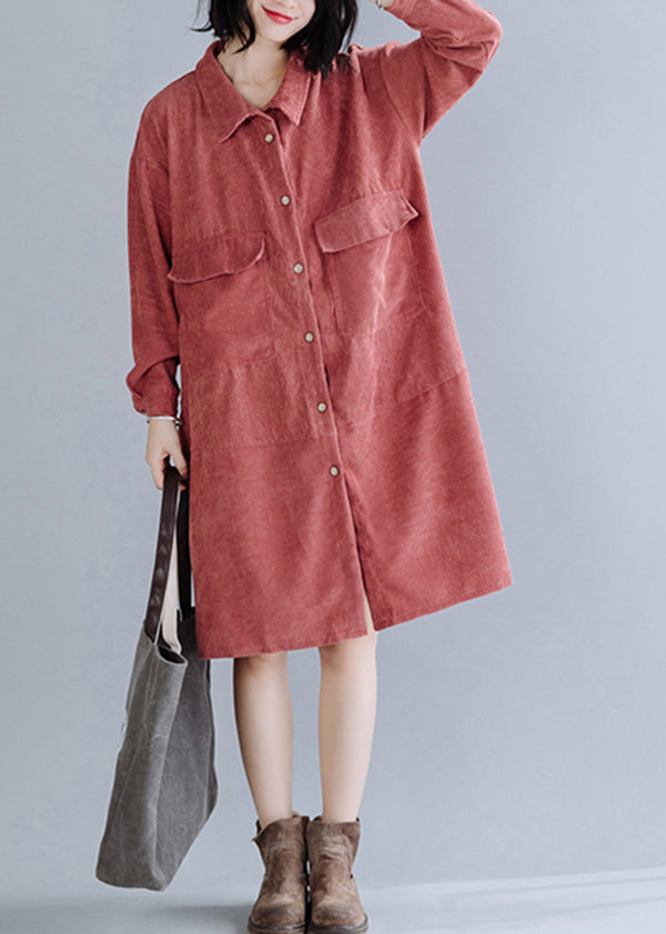 Style Brick Red Oversized Corduroy Vacation Dresses Spring