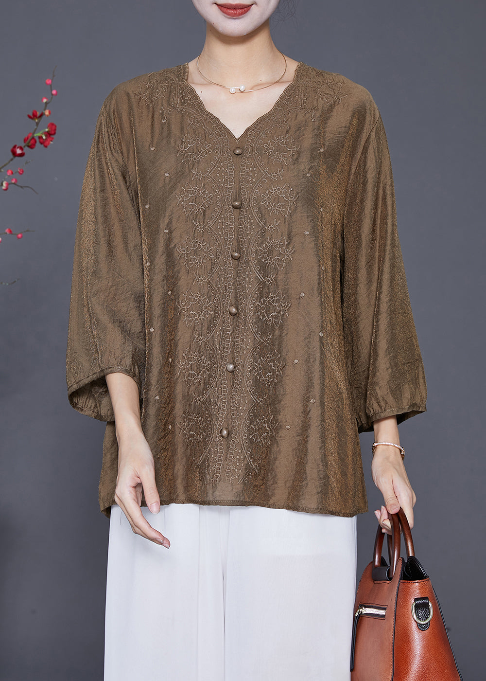 Style Chocolate V Neck Embroidered Silk Tops Bracelet Sleeve