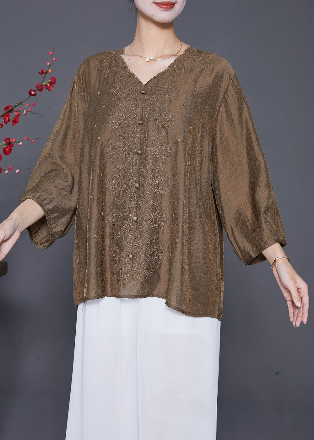 Style Chocolate V Neck Embroidered Silk Tops Bracelet Sleeve