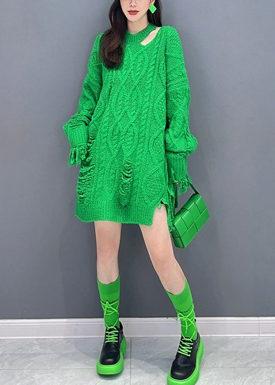 Style Green Tasseled Ripped Patchwork Knit Mid Sweater Dress Fall