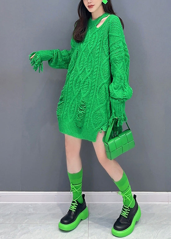 Style Green Tasseled Ripped Patchwork Knit Mid Sweater Dress Fall