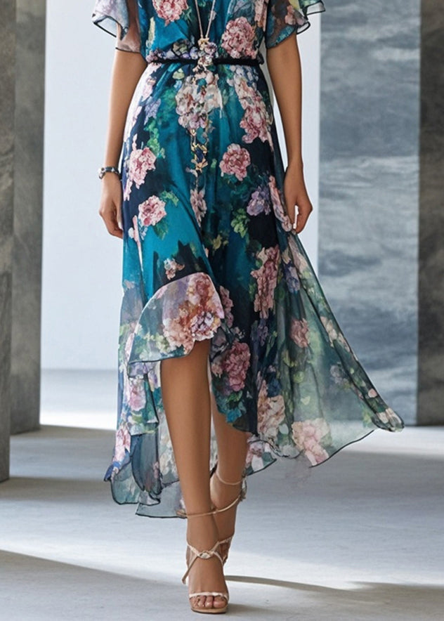 Style Peacock Blue Print Chiffon Party Dress Summer