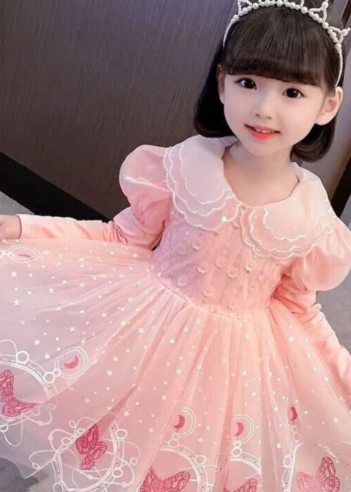 Style Pink Embroidered Patchwork Tulle Kids Long Dresses Long Sleeve