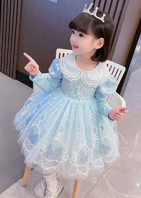 Style Pink Embroidered Patchwork Tulle Kids Long Dresses Long Sleeve