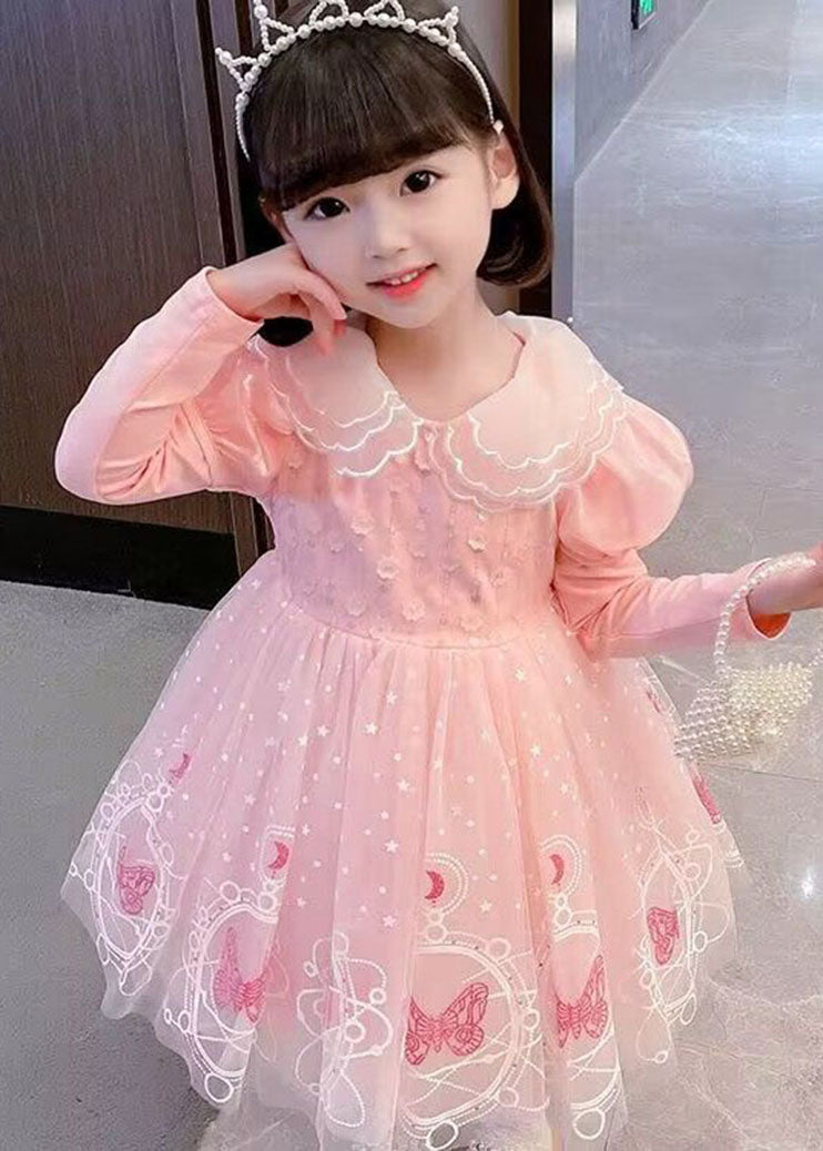 Style Pink Embroidered Patchwork Tulle Kids Long Dresses Long Sleeve