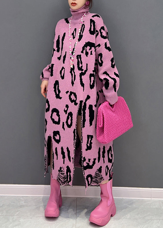 Style Pink Leopard Hign Neck Side Open Knit Long Dress Fall