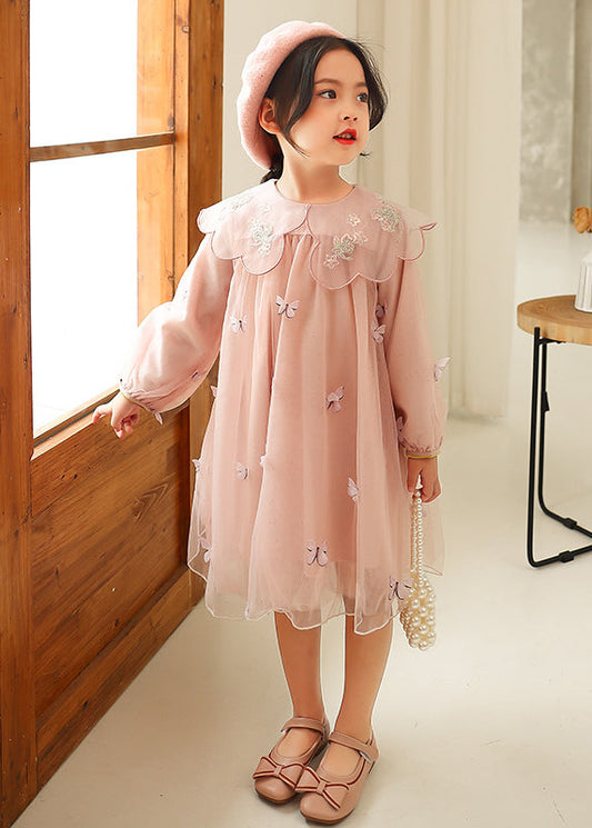 Style Pink Peter Pan Collar Butterfly Patchwork Tulle Baby Girls Dress Fall