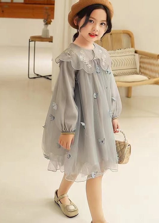 Style Pink Peter Pan Collar Butterfly Patchwork Tulle Baby Girls Dress Fall