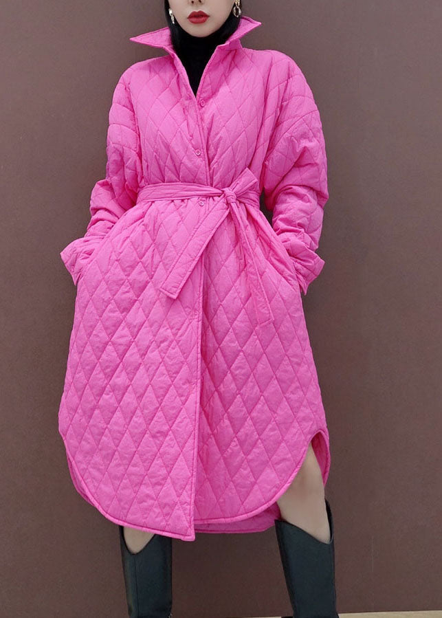 Style Pink Peter Pan Collar Pockets Tie Waist Parka Winter