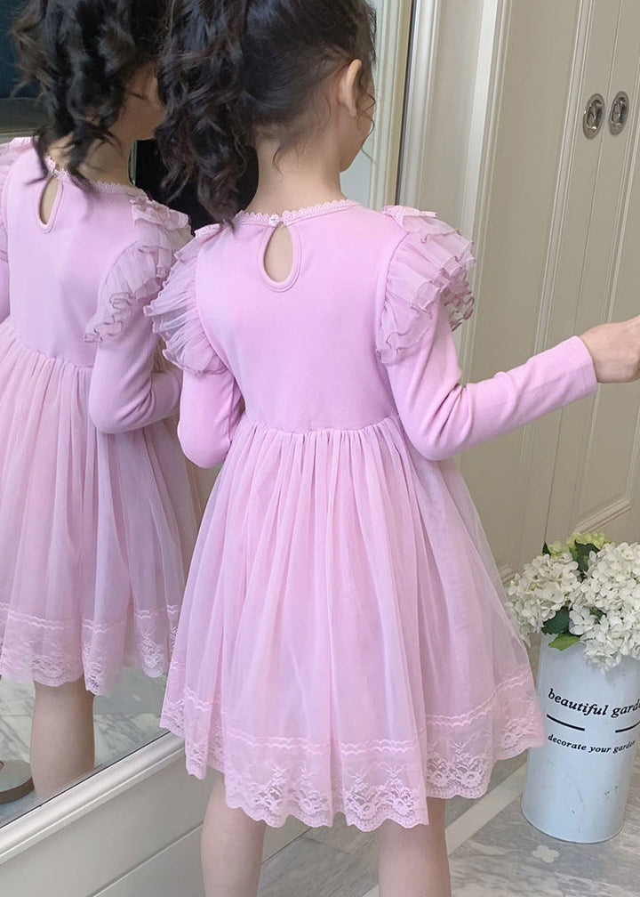 Style Pink Ruffled Lace Patchwork Warm Fleece Kids Girls Dresses Winter