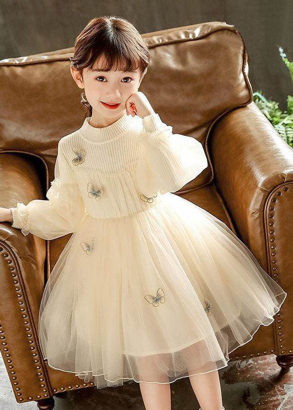 Style Red Butterfly Embroidered Knit Patchwork Tulle Kids Long Dresses Long Sleeve