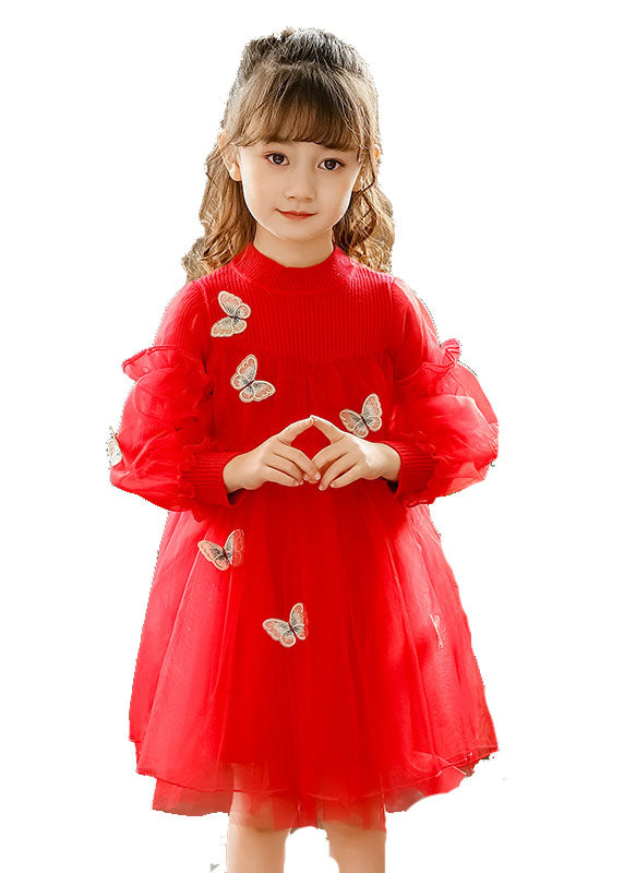 Style Red Butterfly Embroidered Knit Patchwork Tulle Kids Long Dresses Long Sleeve