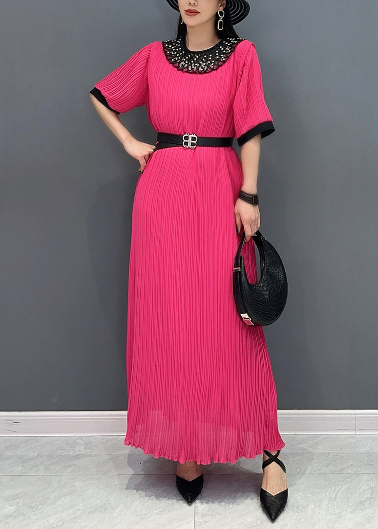 Style Red O-Neck Wrinkled Long Dress Short Sleeve