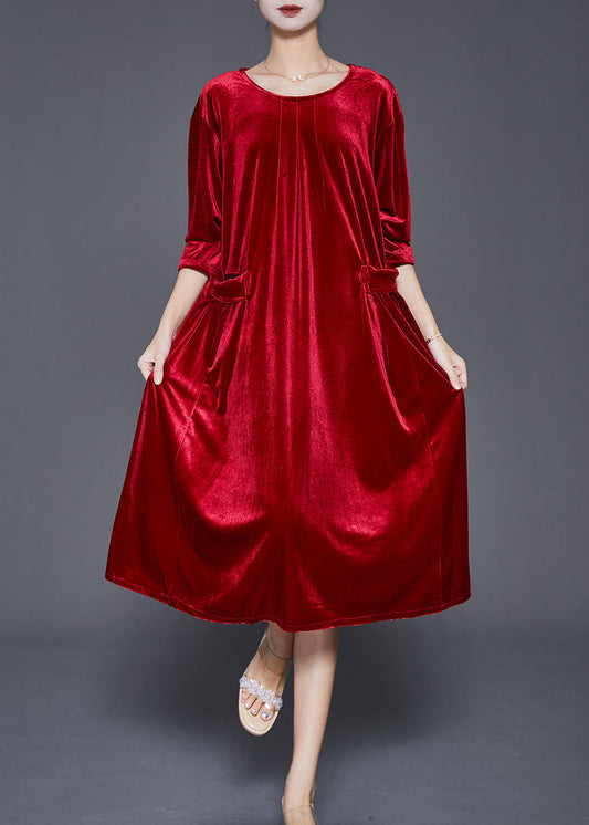 Style Red Oversized Pockets Silk Velour Dress Fall