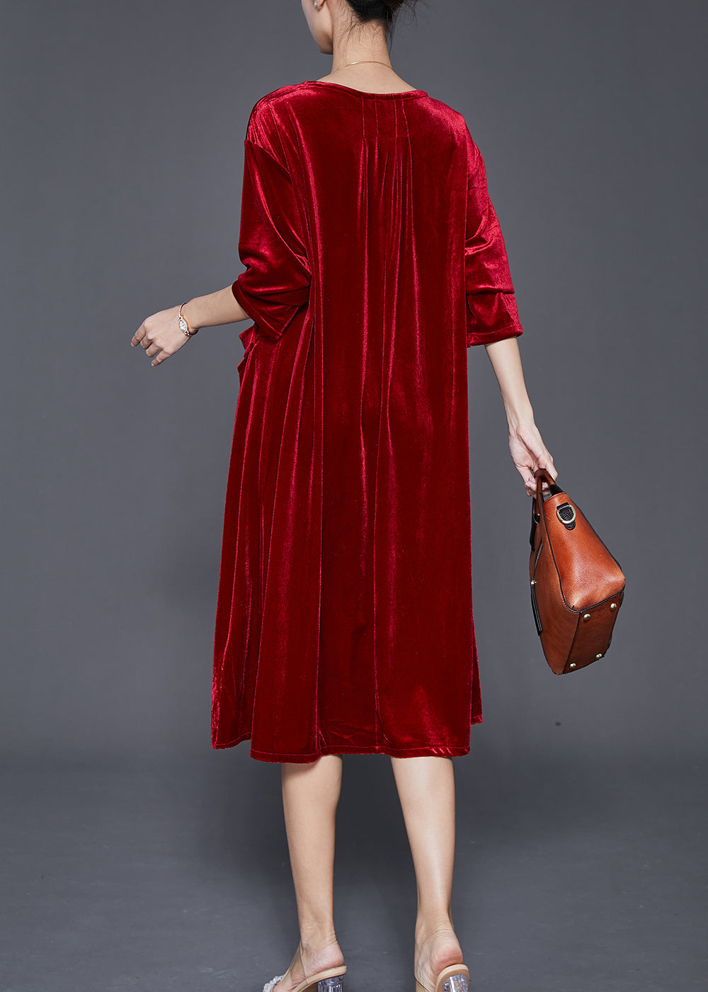 Style Red Oversized Pockets Silk Velour Dress Fall