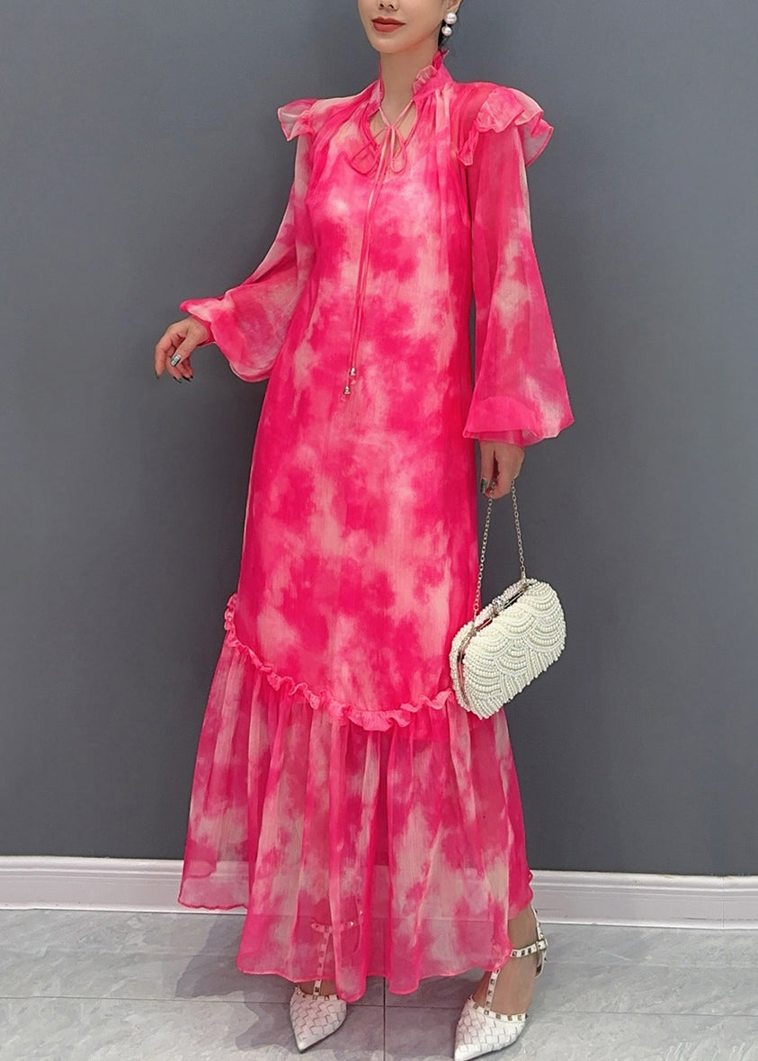 Style Red Stand Collar Ruffled Print Chiffon Maxi Dress Long Sleeve