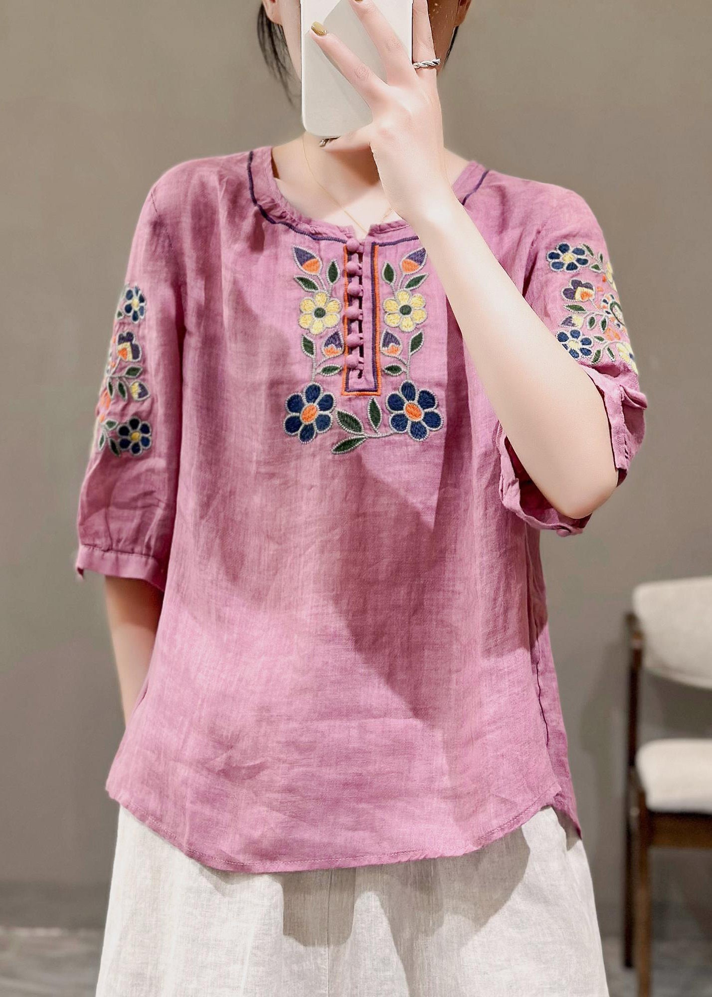 Style Rose O-Neck Embroidered Linen Shirt Tops Summer