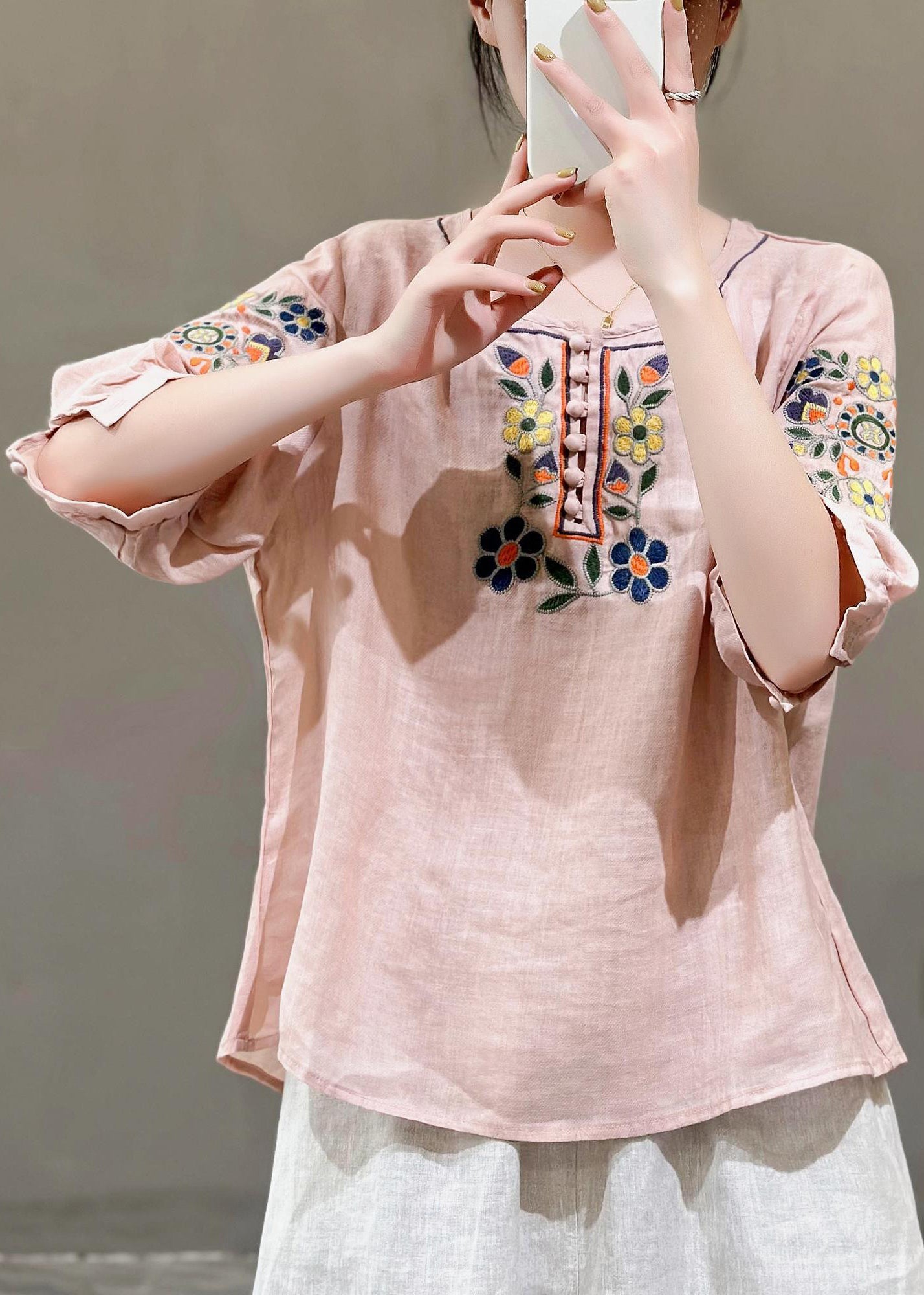 Style Rose O-Neck Embroidered Linen Shirt Tops Summer