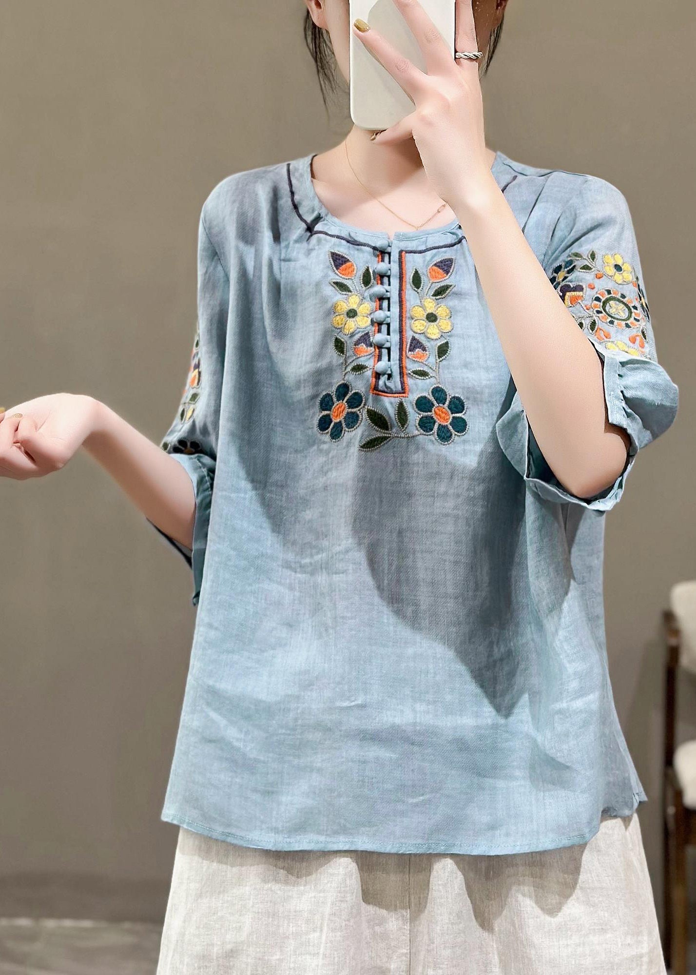 Style Rose O-Neck Embroidered Linen Shirt Tops Summer