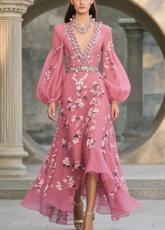 Style Rose V Neck Print Chiffon Long Dresses Lantern Sleeve