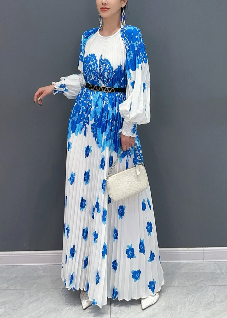 Style White Blue O Neck Print Wrinkled Long Dresses Petal Sleeve