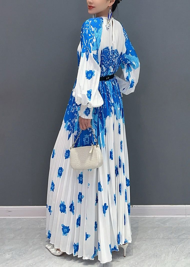 Style White Blue O Neck Print Wrinkled Long Dresses Petal Sleeve