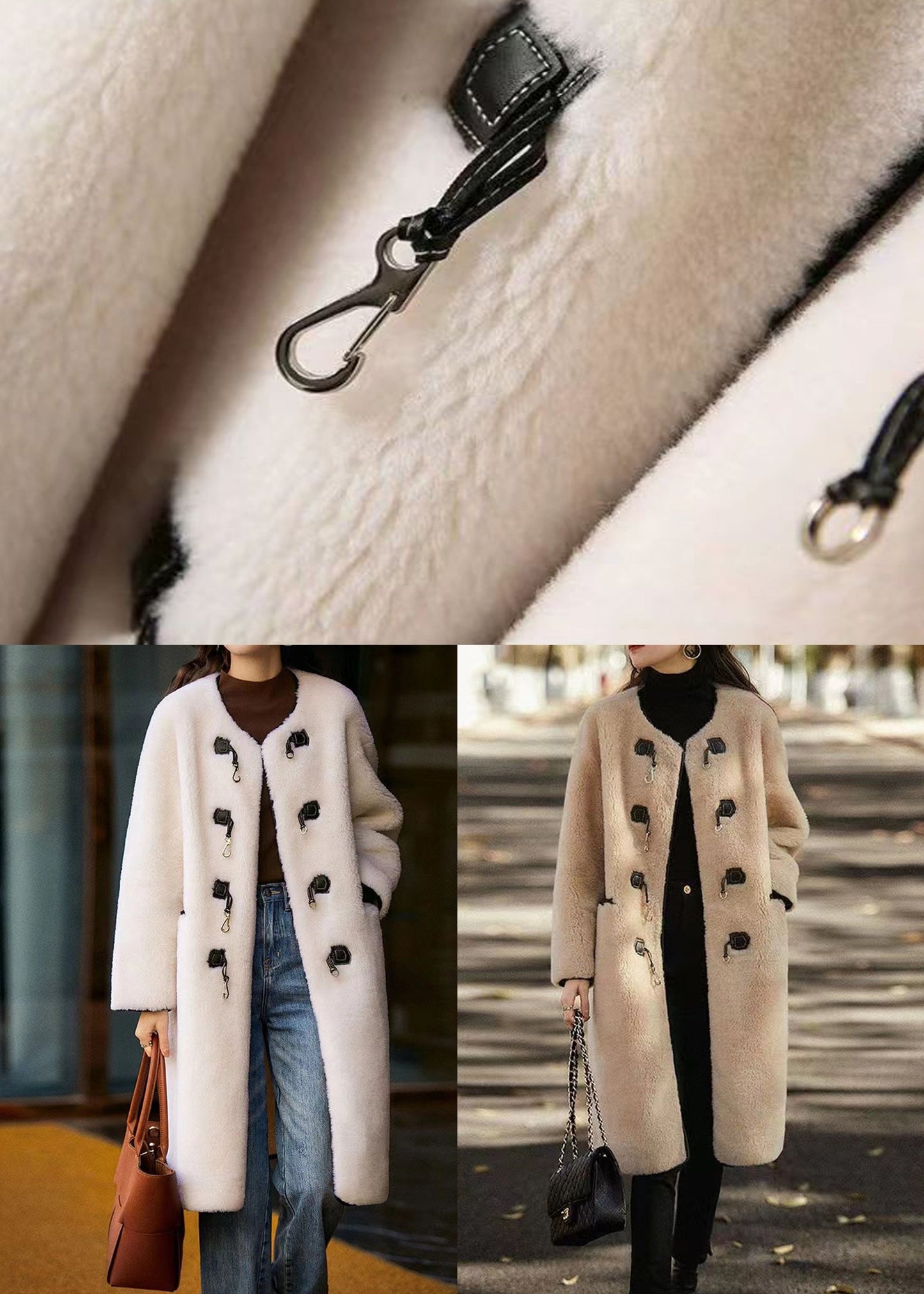 Style White O Neck Pockets Button Patchwork Wool Coat Winter