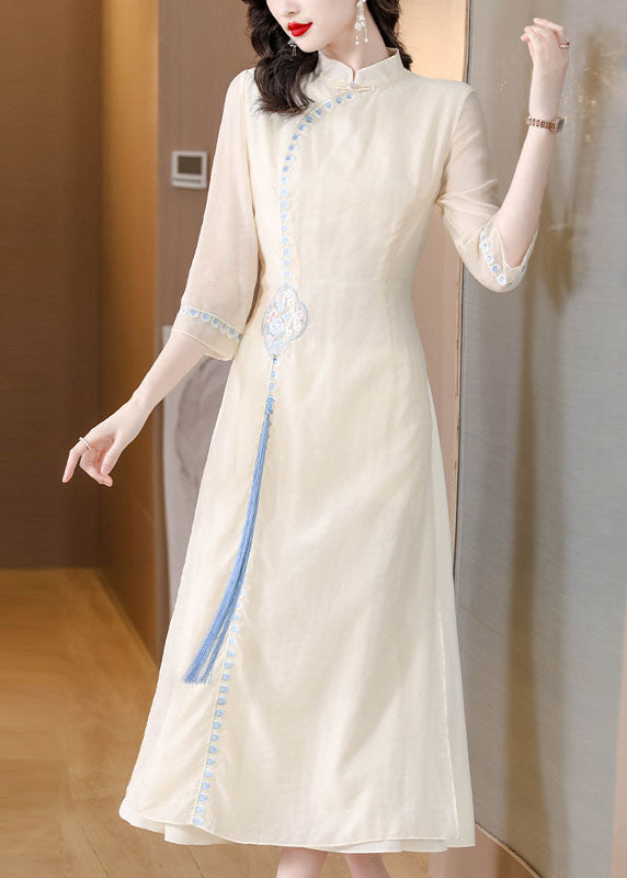 Stylish Apricot Stand Collar Embroidered Tassel Silk Long Dresses Fall