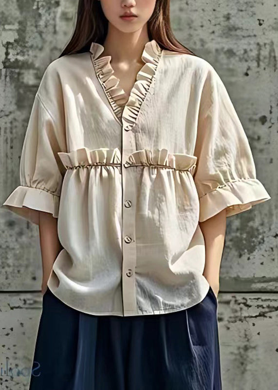 Stylish Beige V Neck Ruffled Patchwork Top Half Sleeve