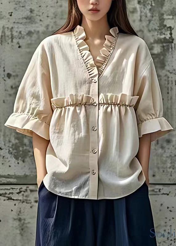 Stylish Beige V Neck Ruffled Patchwork Top Half Sleeve