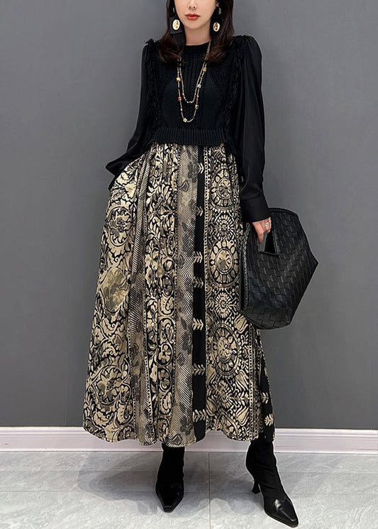 Stylish Black O Neck Print Knit Patchwork Chiffon Dresses Fall