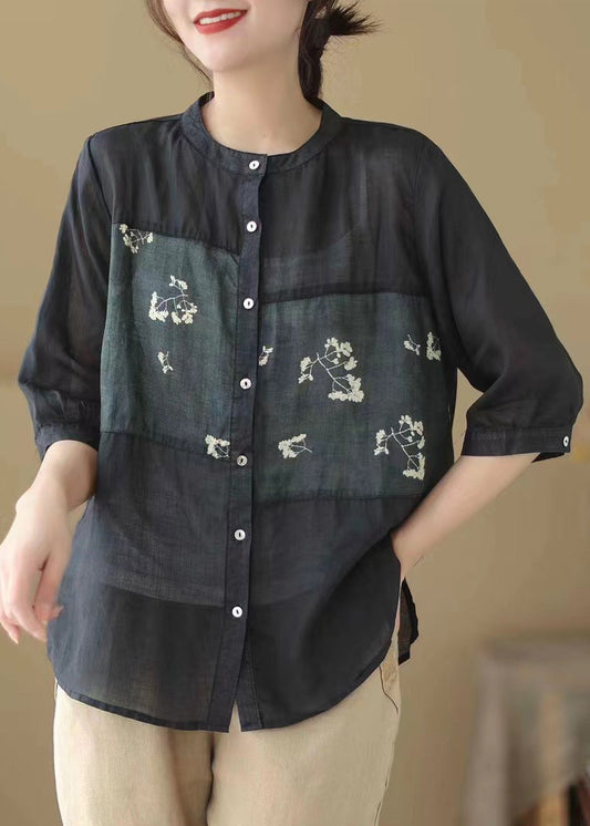 Stylish Black Print Patchwork Button Ramie Shirt Half Sleeve